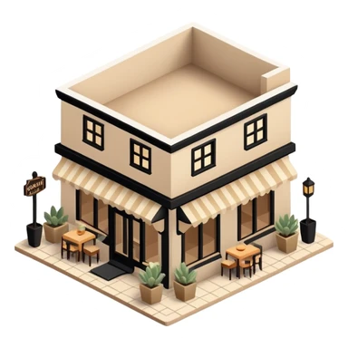 Isometric exterior little black, beige, and white southwestern restaurant, dollhouse style 3D realistic  sticker