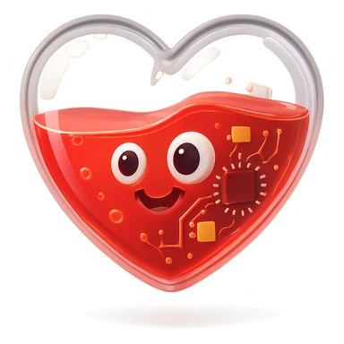 fun cartoon heart, transparent with a glossy finish, half filled with vivid red liquid, outlined sticker