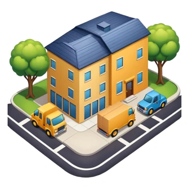 top view of a truck, package, house, and company building side by side, connected by street lines, clear background, apple emoji style sticker