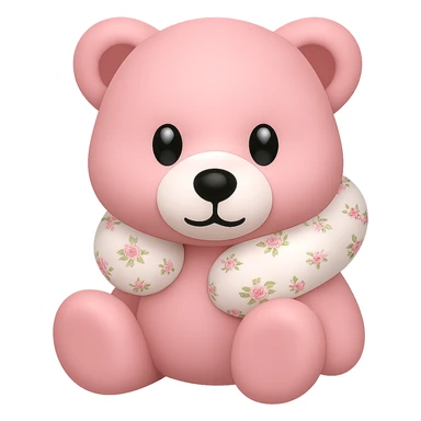 Create an iPhone emoji style pink teddy bear with a floral neck pillow. The bear is sitting, simple and cute, with a transparent background. Maintain the iPhone emoji style look. sticker