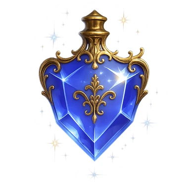 very luxurious crystal elixir bottle in shield shape, color #7986cb, lots of shining, edges, ornaments, golden details, magical effects, very small golden neck, transparent background, beautiful seamless base, bottle clearly floating in air, no base or shadow, premium class, modern, matching the collection sticker