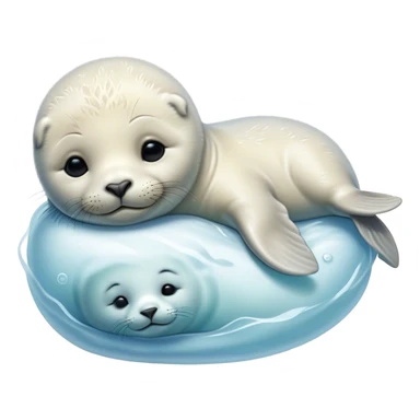 Beautiful and Majestic Baby Seal Portrait Emoji, Head and body resting serenely with a gentle, content smile, showcasing a soft, cuddly form with tender, glistening fur and eyes peacefully closed in a tranquil slumber, Simplified yet exquisitely endearing features, highly detailed, glowing with a soft, radiant polar light, high shine, serene and utterly lovable, stylized with an air of regal innocence, soft glowing outline, capturing the essence of a beautiful and majestic baby seal that embodies the quiet wonder of arctic serenity! sticker