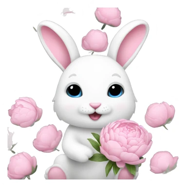 cute white bunny holding light pink peonies sticker