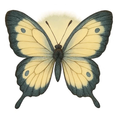 realistic whimsical black, blue and cream butterfly, natural colors, soft, fairy-like atmosphere, no background, square size sticker