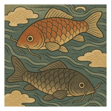 koi fish swimming in water, ukiyo-e style illustration sticker