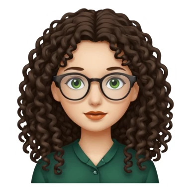 rapariga, olhos verdes escuros, cabelos compridos aos caracóis, com óculos sticker