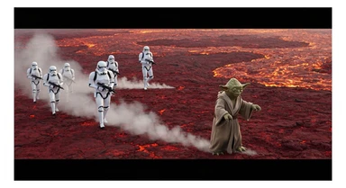 Shot on vlog camera, Starwars stormtroopers is walking on lava planet with yoda sticker