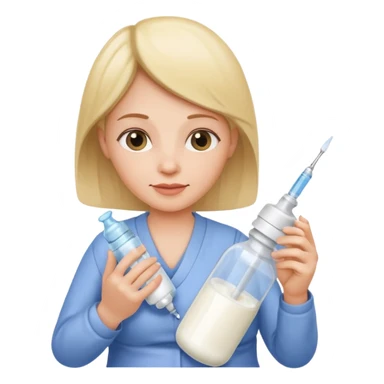 Mother holding a baby bottle with milk and a vaccine syringe sticker
