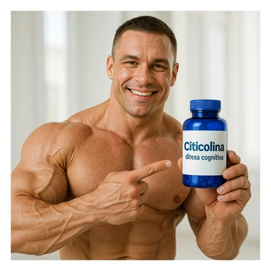 hyper realistic bodybuilder pointing at blue bottle of Citicolina, sculpted muscles, visible label, text 'Citicolina: difesa cognitiva', bright environment sticker
