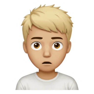 Short buzz, messy blonde hair. Dark brown bushy eyebrows large expressive golden-brown eyes, wearing a plain white t-shirt. Male Teenager. light Dark Brown skin color. Confused mouth gape sticker