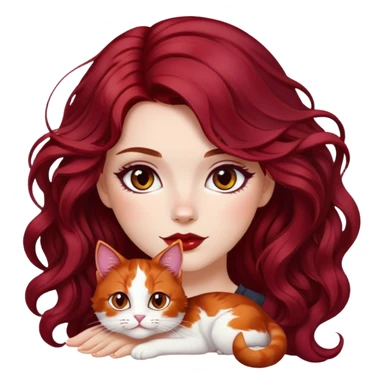 a white girl soft makeup with dark red cherry long bit wavy hair and calico cat  sticker