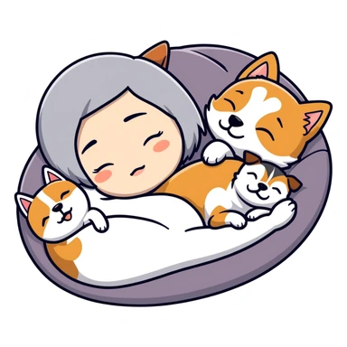 Create a short hair gray hair girl sleeping cuddling with a shiba and a Yorkshire terrier and a jack Russel terrier  sticker