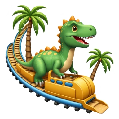 dinosaur riding a roller coaster with palm trees in the background, emoji style sticker