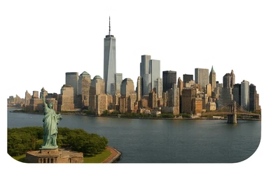 cinematic, realistic emoji of New York City, wide city view focusing on Lower Manhattan with the Statue of Liberty, One World Trade Center, Brooklyn Bridge, and Battery Park, lifelike architectural detail, accurate colors, bright daytime lighting, fully transparent background, no sky, no clouds, no city name label sticker