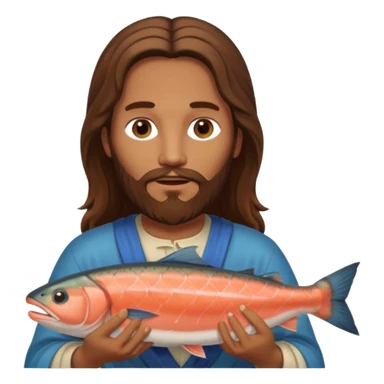 Jesus with long brown hair and a long beard holding a salmon sticker