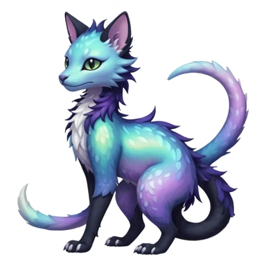 Kawaii black pastel iridescent beautiful pretty elegant divine edgy fantasy feline-vernid-sergal-fursona animal creature with a tufted tail full body with intricate markings  sticker