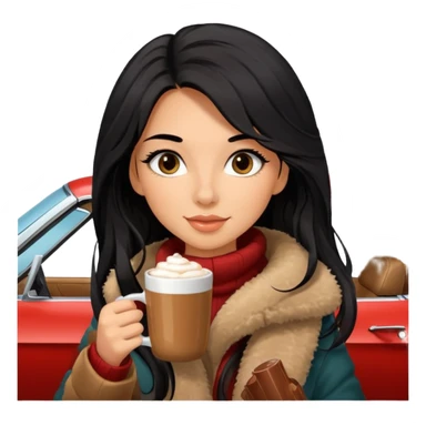 Tanned Girl with lashes , bright black long hair, in an extremely big fluffy brown mustang, and drinking hot chocolate drink sticker