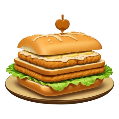 schnitzel sandwich: an oblong roll topped with a schnitzel, placed on a lettuce leaf, the schnitzel is drizzled with remoulade, there is no cheese or other ingredients sticker
