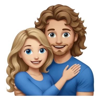Women with blue eyes and very long, brown blond balayage curled hair in the arms of a man with strong arms a straight face, a very sexy man blue eyes. They are laughing at each other. He has short brown hair and is light skinned  sticker