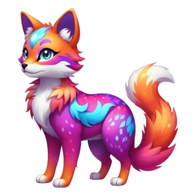 Vibrant multicolored neon-colored Falvie-Fionbri-creature-sparkle-feline-canine-hybrid-fursona, full body, fur pattern-markings sticker