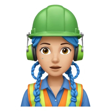 surprised construction worker blue braided haired woman wearing green helmet and headphones sticker