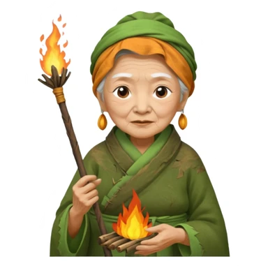 ancient asian old woman, tattered leaf green cloth, hold fire stick sticker