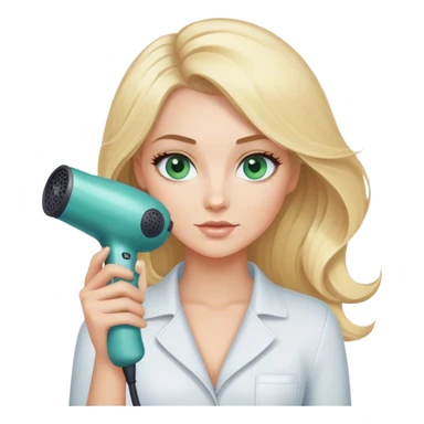 Blonde bob girl hair stylist with blue green eyes holding a hair dryer  sticker