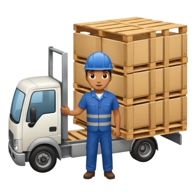 Worker with pallet in truck, import. sticker