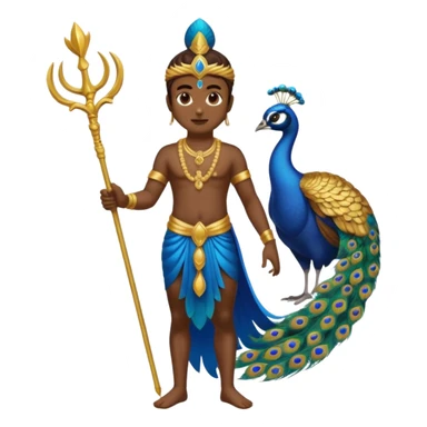 Lord Murugan standing with a blue peacock and holding a golden vel staff, simple bold emoji style, clear and recognizable for keypad sticker sticker