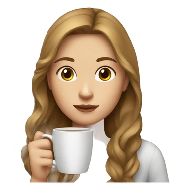 A girl with light brown hair, medium length, brown eyes, and white skin, drinking coffee without attention sticker