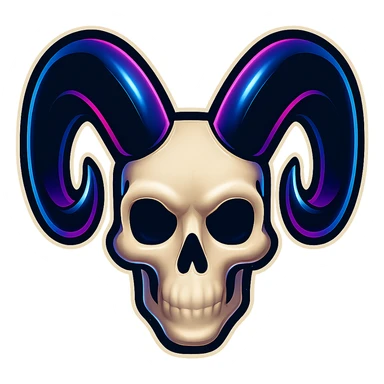 Edit the human skull emoji art style from the reference image to have horns that are twice as big as before. The horns should be very large, dramatic, and glossy black, matching the retro stickers style with a transparent background. sticker