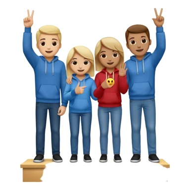 three people standing on a winners’ podium with no numbers, each on their own step, dressed casually in fun relaxed clothes like jeans t-shirts hoodies, center person holding up one finger on each hand showing they’re number one, cheerful expressive emoji style sticker