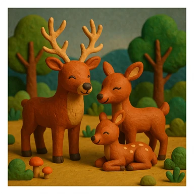 deer family in a woodland clearing, vibrant colors, cheerful and cozy, claymation style sticker