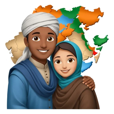 An emotional artistic illustration of an Indian man and an Afghan hijabi girl standing on the maps of India and Afghanistan, symbolically embracing despite the distance, showing love beyond borders. sticker