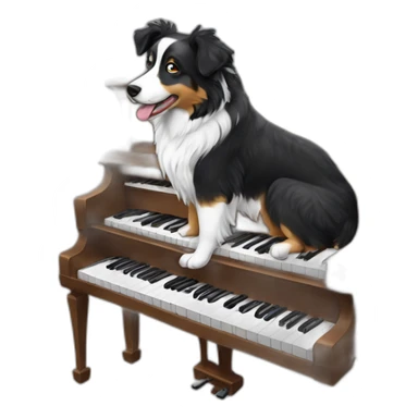 Black and white Australian shepherd playing a child’s piano sticker