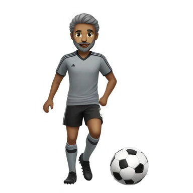 boy in gray soccer uniform and black shorts with gray beard  and hair kicking a soccer ball sticker