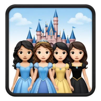 Quiero que crees una imagen donde este el castillo de Disney y por detrás o delante pon a 4 chicas: una con el pelo largo rizado marrón , otra con el pelo muy corto negro, otra con el pelo mediano liso marrón y otra con el pelo negro largo liso sticker