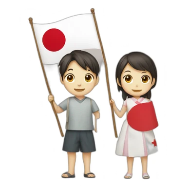 girl and boy holding japanese flag sticker