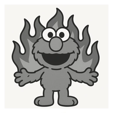 Elmo character with fire in the background, minimal and flat design sticker