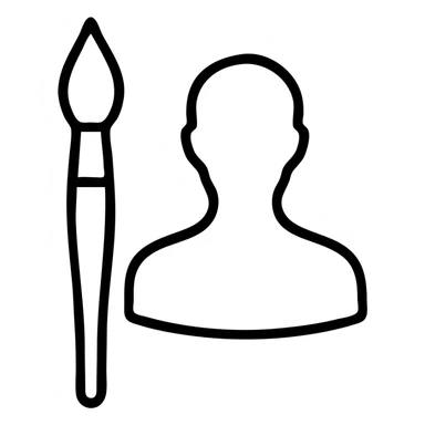 A paintbrush morphing into a polished silver human emblem sculpture silhouette, symbol of artistic identity sticker