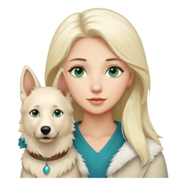 A white blonde Hair Woman with blue Green eyes with a White Shepard with a little bit beige in the fur in a lovely pose  sticker