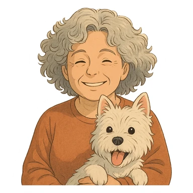 50-year-old woman with silver curly hair, smiling, with a Westie dog, ghibli style sticker