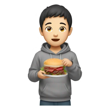 asian boy in grey hoodie eating beefsteak sticker