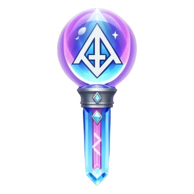 A magical K-pop lightstick for Huntrix (from K-Pop Demon Hunters): crystal dome top with a glowing rune and “H” emblem, shifting violet/silver/pink/blue light, sleek rune-engraved handle, charm loop—part idol merch, part mystical weapon. sticker