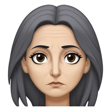 Mirri Maz Duur is a weathered, age 45  woman with deep-set dark eyes, high cheekbones, and a sharp nose, giving her a stern, knowing expression. Her long, unkempt dark hair streaked with gray falls loosely over her shoulders sticker