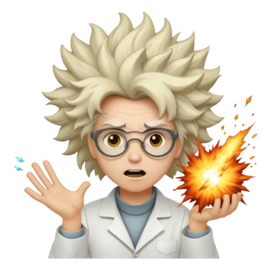 A mad scientist was crazy hair and an explosion sticker