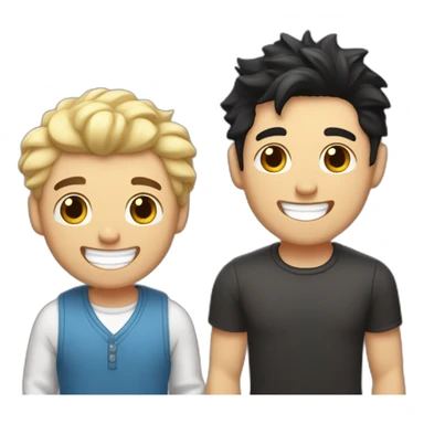 Gay couple, 1 guy Latino black straight hair and 1 Australian white guy with blonde slightly curly hair laughing full body and a cat in the middle sticker