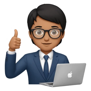 un estudiante con lentes y su laptop CON TERNO Y CABELLO NEGRO,   DANDO LIKE sticker