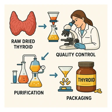 illustrated diagram of the process from raw dried thyroid to finished product capsules and jar, arrows indicating purification, quality control, and packaging steps, educational style, 4K sticker