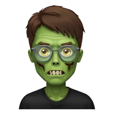 Green zombie, brown hair, black glasses, black shirt. iOS style. sticker